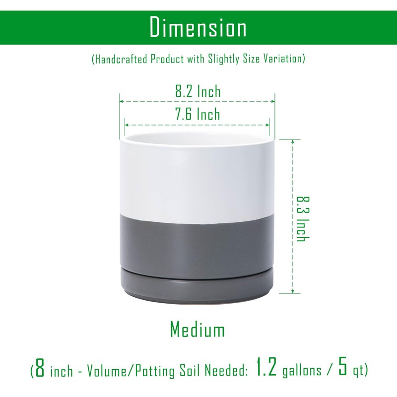 D'vine Dev 8.2 Inch Ceramic Planter Pot with Drainage Hole and Saucer, Indoor Cylinder Round Planter Pot, White/Speckled Grey, 94-O-D-6 - Image 3